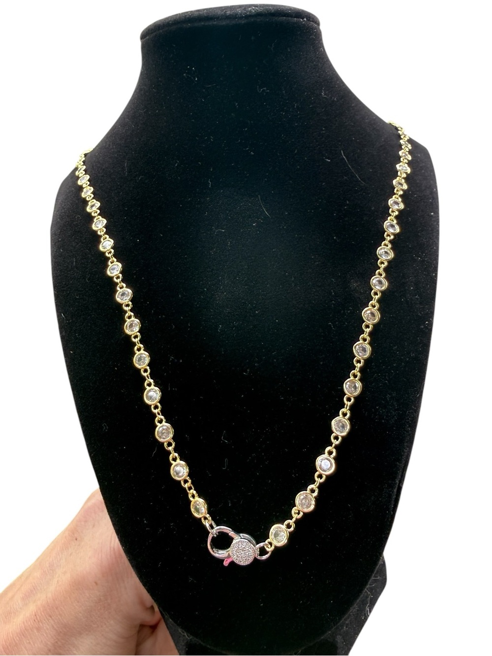 New in Box 24” Freida Rothman Gold Plated Crystal Necklace w/ Pave Lobster Clasp
